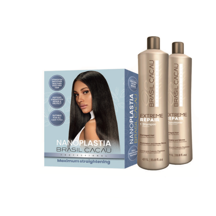 Brasil Cacau Nanoplastia 300ml Kit with Bonus 1 Litre Extreme Repair Shampoo & Conditioner
