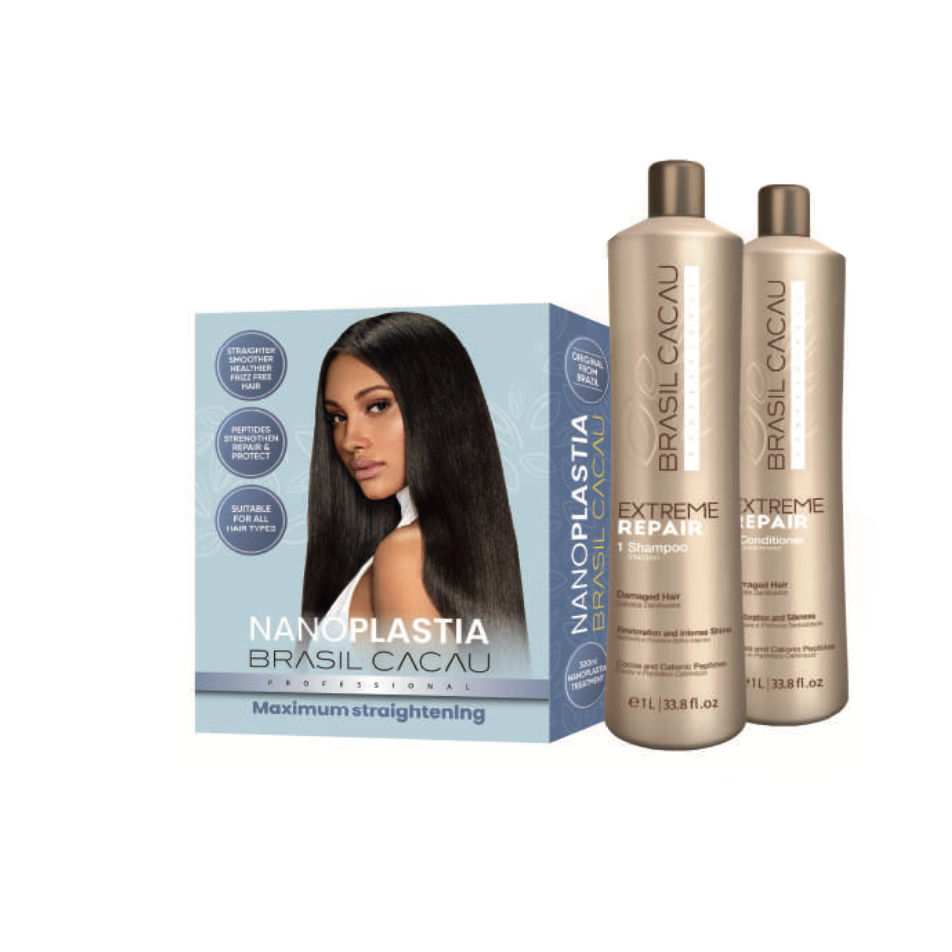 Brasil Cacau Nanoplastia 300ml Kit with Bonus 1 Litre Extreme Repair Shampoo & Conditioner